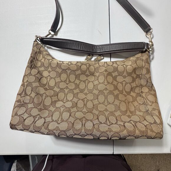 Coach Beige Signature Canvas Convertible Celeste Hobo Medium Size Brown Gold - Picture 6 of 15